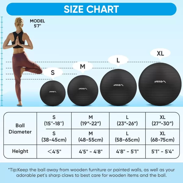 APEXUP Yoga Ball Exercise Ball Anti Slip Stability Ball Chair Heavy Duty Large Gym Ball for Fitness Balance Core Workout and Physical TherapyBlack