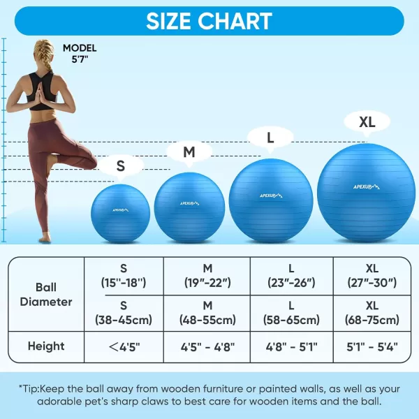 APEXUP Yoga Ball Exercise Ball Anti Slip Stability Ball Chair Heavy Duty Large Gym Ball for Fitness Balance Core Workout and Physical TherapyBlue