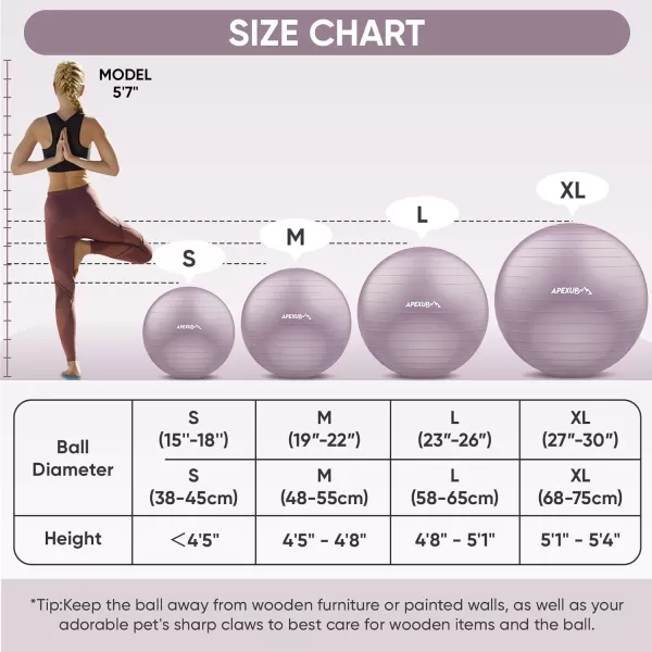 APEXUP Yoga Ball Exercise Ball Anti Slip Stability Ball Chair Heavy Duty Large Gym Ball for Fitness Balance Core Workout and Physical TherapyMauve