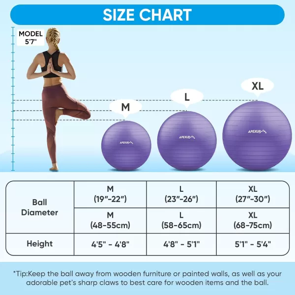 APEXUP Yoga Ball Exercise Ball Anti Slip Stability Ball Chair Heavy Duty Large Gym Ball for Fitness Balance Core Workout and Physical TherapyPurple