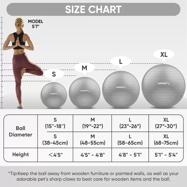 APEXUP Yoga Ball Exercise Ball Anti Slip Stability Ball Chair Heavy Duty Large Gym Ball for Fitness Balance Core Workout and Physical TherapySilver