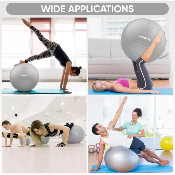 APEXUP Yoga Ball Exercise Ball Anti Slip Stability Ball Chair Heavy Duty Large Gym Ball for Fitness Balance Core Workout and Physical TherapySilver