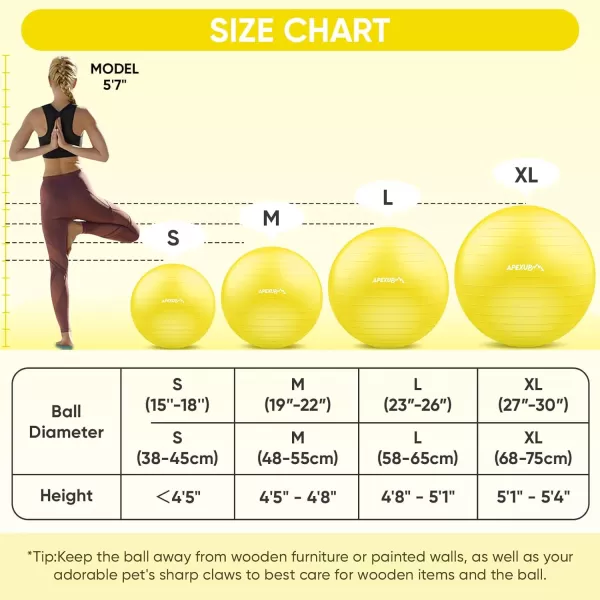 APEXUP Yoga Ball Exercise Ball Anti Slip Stability Ball Chair Heavy Duty Large Gym Ball for Fitness Balance Core Workout and Physical TherapyYellow