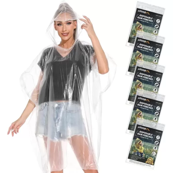 APEXUP Disposable Rain Ponchos for Adults Emergency Rain Poncho for Camping Hiking TravellingClear 5 Pack