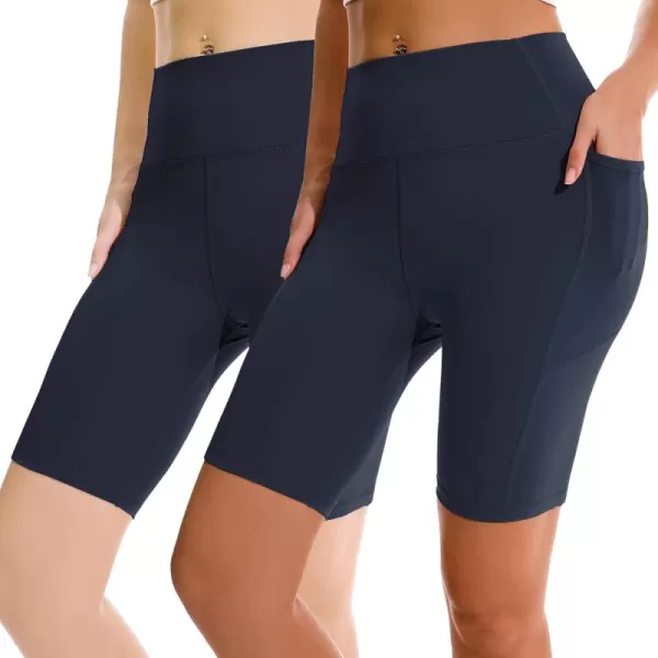 APEXUP Workout Shorts 8quot Biker Shorts Women High Waist Spandex Yoga Shorts with Side ampamp Inner PocketsNavy