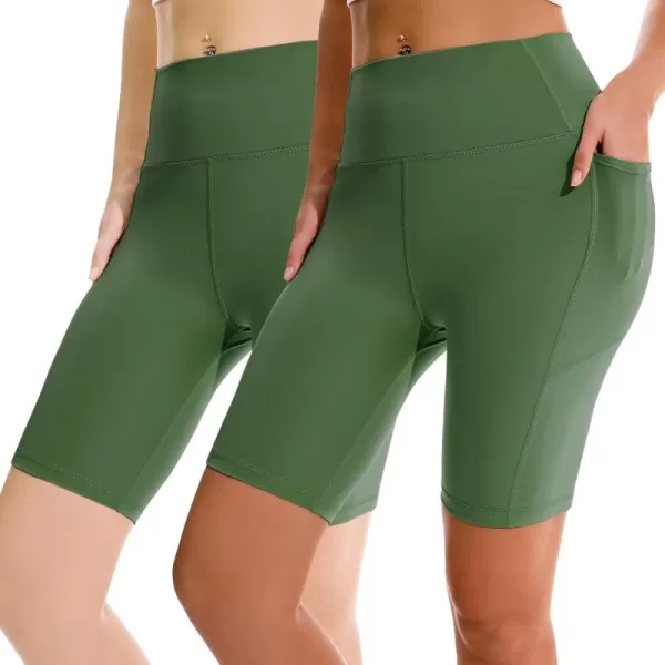 APEXUP Workout Shorts 8quot Biker Shorts Women High Waist Spandex Yoga Shorts with Side ampamp Inner PocketsOlive Green