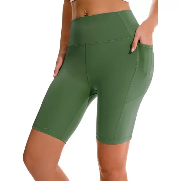 APEXUP Workout Shorts 8quot Biker Shorts Women High Waist Spandex Yoga Shorts with Side ampamp Inner PocketsOlive Green1pk
