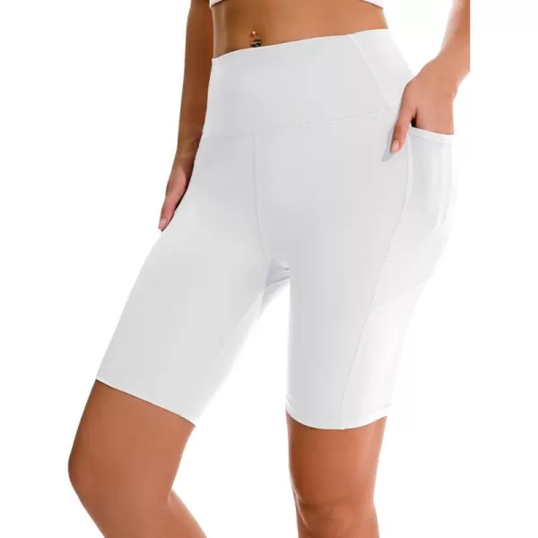APEXUP Workout Shorts 8quot Biker Shorts Women High Waist Spandex Yoga Shorts with Side ampamp Inner PocketsWhite1pk