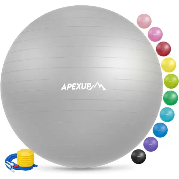 APEXUP Yoga Ball Exercise Ball Anti Slip Stability Ball Chair Heavy Duty Large Gym Ball for Fitness Balance Core Workout and Physical TherapySilver