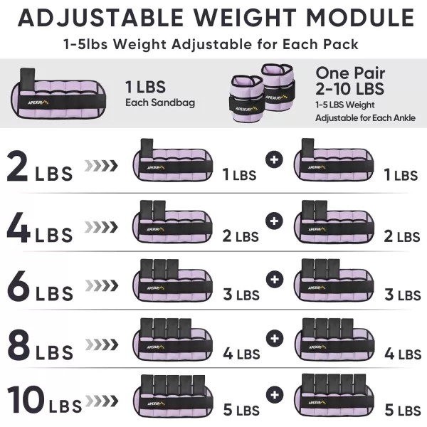 APEXUP 10lbsPair Adjustable Ankle Weights for Women and Men Modularized Leg Weight Straps for Yoga Walking Running Aerobics GymPastel Purple
