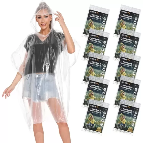 APEXUP Disposable Rain Ponchos for Adults Emergency Rain Poncho for Camping Hiking TravellingClear 10 Pack