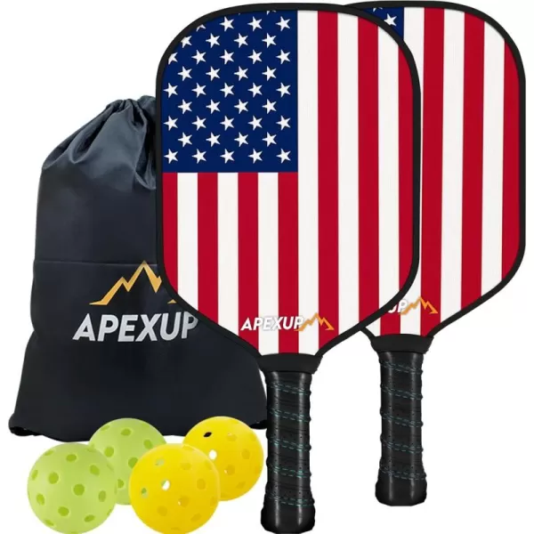 APEXUP Fiberglass Pickleball Paddles Premium Pickleball Paddles Set of 2 Pickle Ball Set with Ergonomic Cushion Grip 2 Pickleball Rackets 4 Pickleball 1 Portable BagFlag