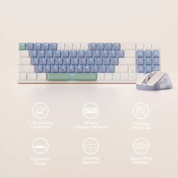 Redragon BS8772 Wireless Keyboard and Mouse Combo 75 78 Keys 24Ghz Wireless LowProfile Mechanical Keyboard wRechargeable Battery Single Blue Blacklight 2400 DPI Ergonomic MouseLollipop Blue