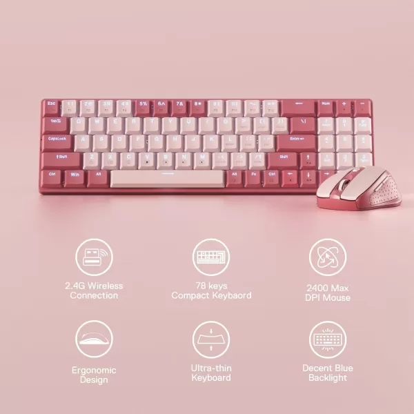Redragon BS8772 Wireless Keyboard and Mouse Combo 75 78 Keys 24Ghz Wireless LowProfile Mechanical Keyboard wRechargeable Battery Single Blue Blacklight 2400 DPI Ergonomic MouseBean Red