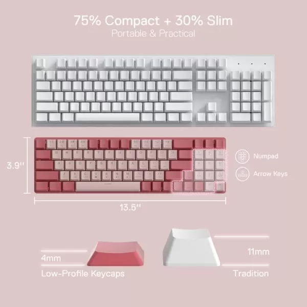Redragon BS8772 Wireless Keyboard and Mouse Combo 75 78 Keys 24Ghz Wireless LowProfile Mechanical Keyboard wRechargeable Battery Single Blue Blacklight 2400 DPI Ergonomic MouseBean Red