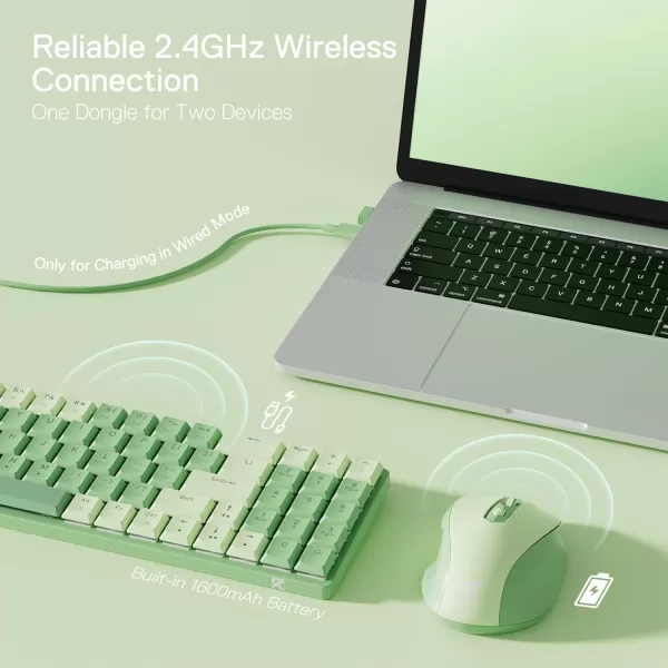 Redragon BS8772 Wireless Keyboard and Mouse Combo 75 78 Keys 24Ghz Wireless LowProfile Mechanical Keyboard wRechargeable Battery Single Blue Blacklight 2400 DPI Ergonomic MouseHerb Green