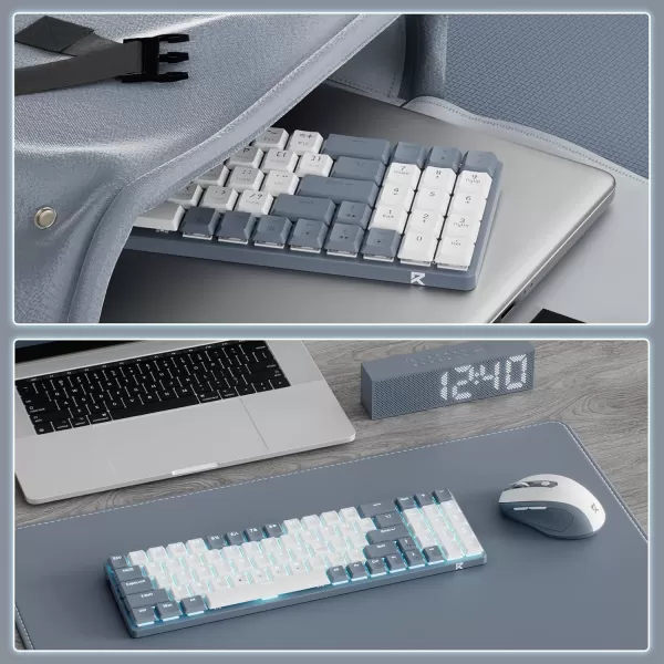 Redragon BS8772 Wireless Keyboard and Mouse Combo 75 78 Keys 24Ghz Wireless LowProfile Mechanical Keyboard wRechargeable Battery Single Blue Blacklight 2400 DPI Ergonomic MouseAsh Grey