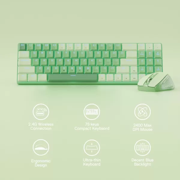 Redragon BS8772 Wireless Keyboard and Mouse Combo 75 78 Keys 24Ghz Wireless LowProfile Mechanical Keyboard wRechargeable Battery Single Blue Blacklight 2400 DPI Ergonomic MouseHerb Green