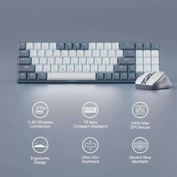 Redragon BS8772 Wireless Keyboard and Mouse Combo 75 78 Keys 24Ghz Wireless LowProfile Mechanical Keyboard wRechargeable Battery Single Blue Blacklight 2400 DPI Ergonomic MouseAsh Grey