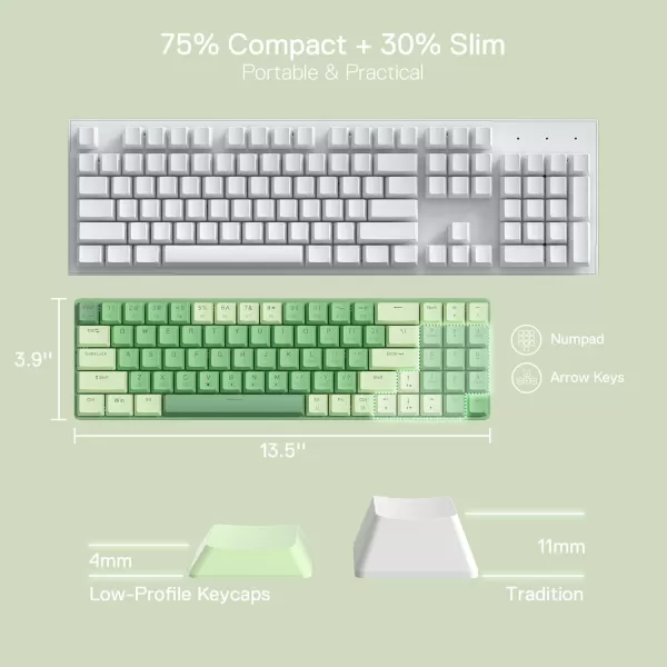 Redragon BS8772 Wireless Keyboard and Mouse Combo 75 78 Keys 24Ghz Wireless LowProfile Mechanical Keyboard wRechargeable Battery Single Blue Blacklight 2400 DPI Ergonomic MouseHerb Green