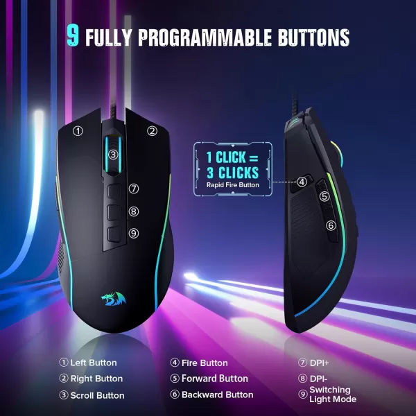Redragon Gaming Mouse Wired Gaming Mouse with RGB Backlit 8000 DPI Adjustable Mouse with 9 Programmable Macro Buttons ampamp Fire Button Software Supports DIY Keybinds M910KBlack