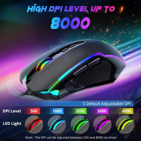 Redragon Gaming Mouse Wired Gaming Mouse with RGB Backlit 8000 DPI Adjustable Mouse with 9 Programmable Macro Buttons ampamp Fire Button Software Supports DIY Keybinds M910KBlack