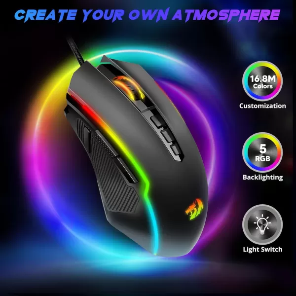 Redragon Gaming Mouse Wired Gaming Mouse with RGB Backlit 8000 DPI Adjustable Mouse with 9 Programmable Macro Buttons ampamp Fire Button Software Supports DIY Keybinds M910KBlack