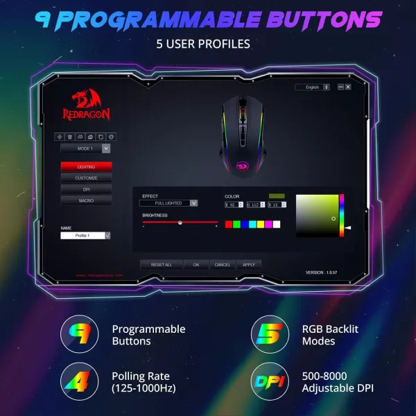 Redragon Gaming Mouse Wired Gaming Mouse with RGB Backlit 8000 DPI Adjustable Mouse with 9 Programmable Macro Buttons ampamp Fire Button Software Supports DIY Keybinds M910KBlack