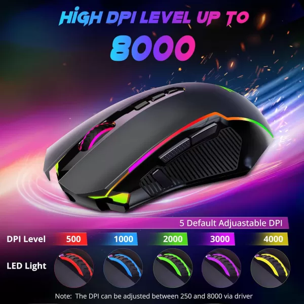 Redragon Gaming Mouse Wireless Mouse Gaming with 8000 DPI PC Gaming Mice with Fire Button RGB Backlit Programmable Ergonomic Mouse Gamer Rechargeable 70Hrs for Windows Mac Gamer BlackBlack