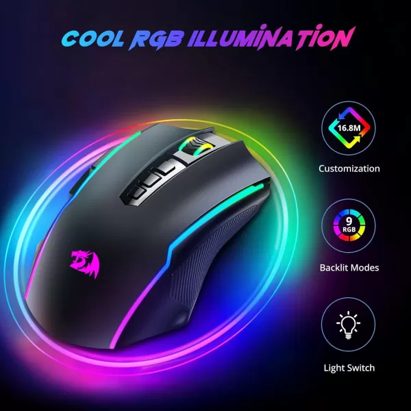 Redragon Gaming Mouse Wireless Mouse Gaming with 8000 DPI PC Gaming Mice with Fire Button RGB Backlit Programmable Ergonomic Mouse Gamer Rechargeable 70Hrs for Windows Mac Gamer BlackBlack