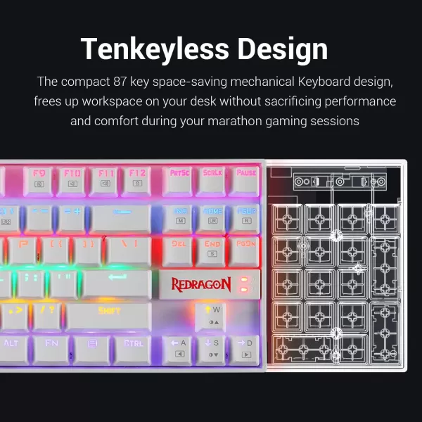 Redragon K552 Mechanical Gaming Keyboard Rainbow LED Backlit Wired with AntiDust Proof Switches for Windows PC White 87 Key Red SwitchWhite
