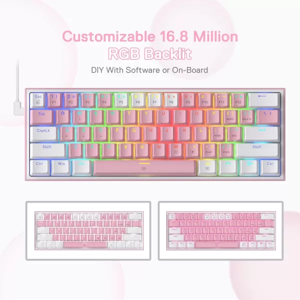 Redragon K617 Fizz 60 Wired RGB Gaming Keyboard 61 Keys HotSwap Compact Mechanical Keyboard wWhite and Grey Color Keycaps Linear Red Switch Pro DriverSoftware SupportedPink