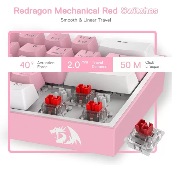 Redragon K617 Fizz 60 Wired RGB Gaming Keyboard 61 Keys HotSwap Compact Mechanical Keyboard wWhite and Grey Color Keycaps Linear Red Switch Pro DriverSoftware SupportedPink
