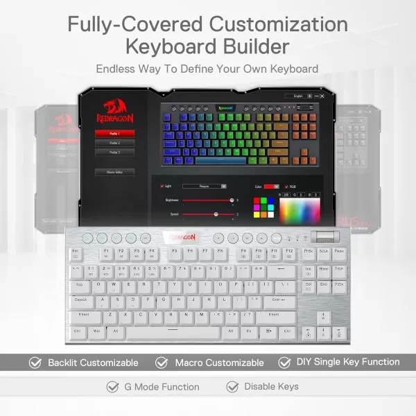 Redragon K621 Horus TKL Wireless RGB Mechanical Keyboard 50 BT24 GhzWired Three Modes 80 UltraThin Low Profile BT Keyboard wDedicated Media Control ampamp Linear Red Switches WhiteSilver Red Switch