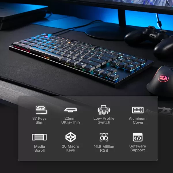 Redragon K621 Horus TKL Wireless RGB Mechanical Keyboard 50 BT24 GhzWired Three Modes 80 UltraThin Low Profile BT Keyboard wDedicated Media Control ampamp Linear Red Switches WhiteBlack Red Switch