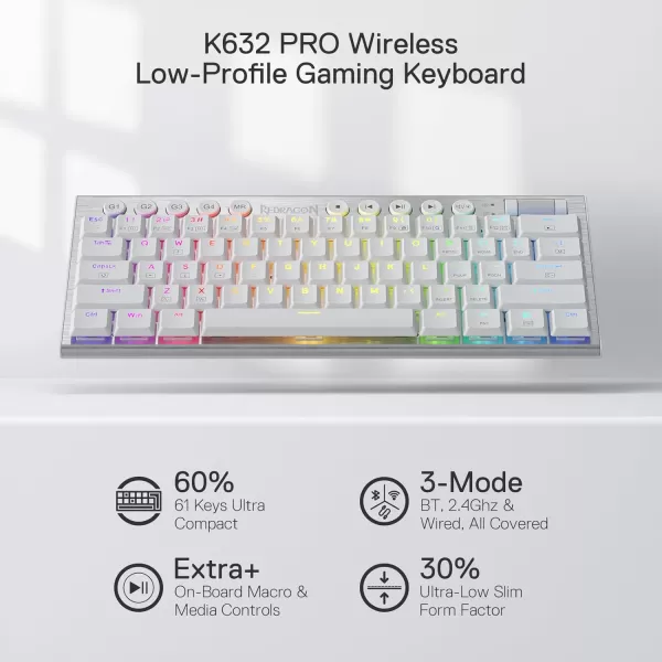 Redragon K621 Horus TKL Wireless RGB Mechanical Keyboard 50 BT24 GhzWired Three Modes 80 UltraThin Low Profile BT Keyboard wDedicated Media Control ampamp Linear Red Switches WhiteSilver Red Switch