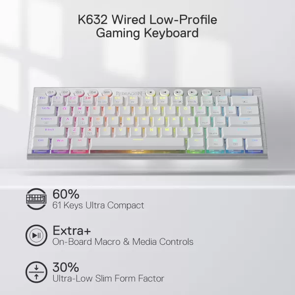 Redragon K621 Horus TKL Wireless RGB Mechanical Keyboard 50 BT24 GhzWired Three Modes 80 UltraThin Low Profile BT Keyboard wDedicated Media Control ampamp Linear Red Switches WhiteWhite