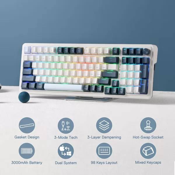 Redragon K686 PRO 98 Keys Wireless Gasket RGB Gaming Keyboard 3Mode WinMac Mechanical Keyboard w5Layer Noise Dampening Dedicated Knob Control ampamp HotSwap in Linear Red Switch Blue Himmel ColorK686 PRO
