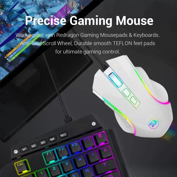 Redragon M602 RGB Wired Gaming Mouse RGB Spectrum Backlit Ergonomic Mouse Griffin Programmable with 8 Backlight Modes Up to 7200 DPI for Windows PC Gamers WhiteWhite