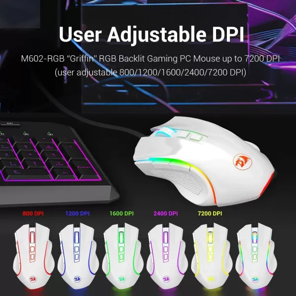 Redragon M602 RGB Wired Gaming Mouse RGB Spectrum Backlit Ergonomic Mouse Griffin Programmable with 8 Backlight Modes Up to 7200 DPI for Windows PC Gamers WhiteWhite