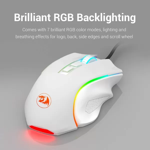 Redragon M602 RGB Wired Gaming Mouse RGB Spectrum Backlit Ergonomic Mouse Griffin Programmable with 8 Backlight Modes Up to 7200 DPI for Windows PC Gamers WhiteWhite