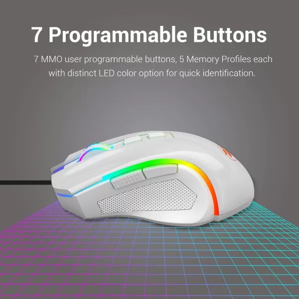Redragon M602 RGB Wired Gaming Mouse RGB Spectrum Backlit Ergonomic Mouse Griffin Programmable with 8 Backlight Modes Up to 7200 DPI for Windows PC Gamers WhiteWhite