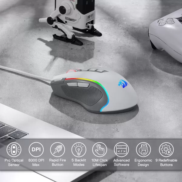 Redragon M612 Predator RGB Gaming Mouse 8000 DPI Wired Optical Gamer Mouse with 11 Programmable Buttons ampamp 5 Backlit Modes Software Supports DIY Keybinds Rapid Fire ButtonGray