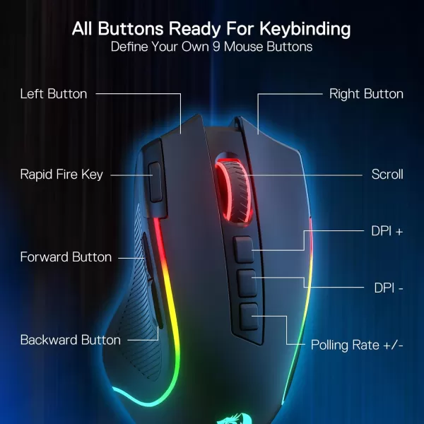 Redragon M612 Predator RGB Gaming Mouse 8000 DPI Wired Optical Gamer Mouse with 11 Programmable Buttons ampamp 5 Backlit Modes Software Supports DIY Keybinds Rapid Fire ButtonBlack