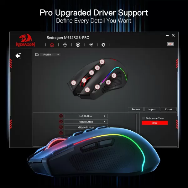 Redragon M612 Predator RGB Gaming Mouse 8000 DPI Wired Optical Gamer Mouse with 11 Programmable Buttons ampamp 5 Backlit Modes Software Supports DIY Keybinds Rapid Fire ButtonBlack