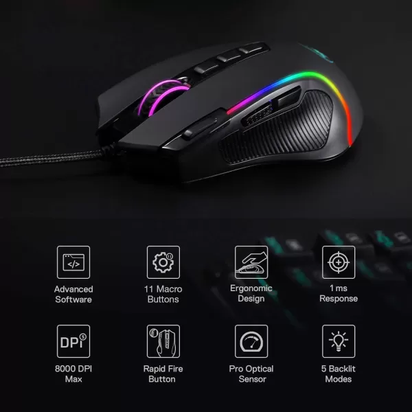 Redragon M612 Predator RGB Gaming Mouse 8000 DPI Wired Optical Gamer Mouse with 11 Programmable Buttons ampamp 5 Backlit Modes Software Supports DIY Keybinds Rapid Fire ButtonBlack