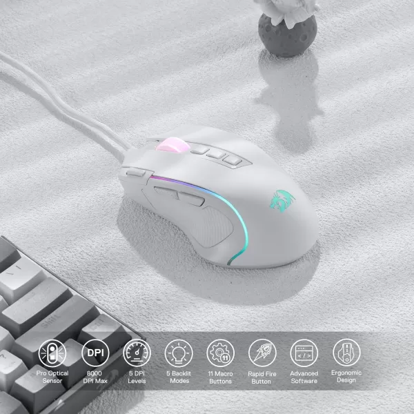 Redragon M612 Predator RGB Gaming Mouse 8000 DPI Wired Optical Gamer Mouse with 11 Programmable Buttons ampamp 5 Backlit Modes Software Supports DIY Keybinds Rapid Fire ButtonWhite