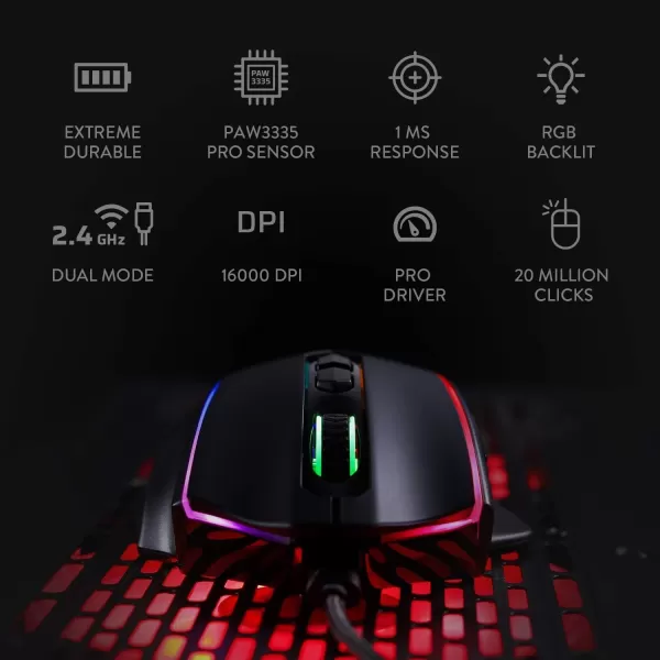 Redragon M686 Wireless Gaming Mouse 16000 DPI WiredWireless Gamer Mouse with Professional Sensor 45Hour Reliable Power Capacity Customizable Macro and RGB Backlight for PCMacLaptopWiredWireless