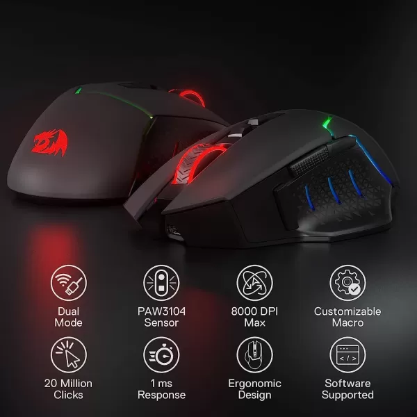 Redragon M6901 Wireless Gaming Mouse with DPI Shifting 2 Side Buttons 2400 DPI Ergonomic Design 8 ButtonsBlackM690 PRO Black
