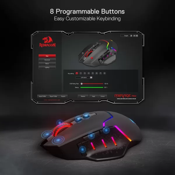 Redragon M6901 Wireless Gaming Mouse with DPI Shifting 2 Side Buttons 2400 DPI Ergonomic Design 8 ButtonsBlackM690 PRO Black